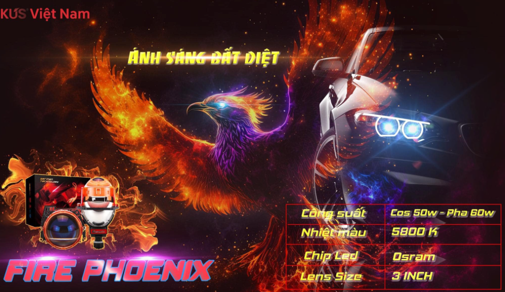 độ lắp đèn bi led ô tô Kus Fire Phoenix